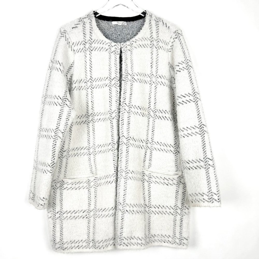 89th & Madison Cardigan Womens 1X White Black Windowpane Plaid Eyelash Knit